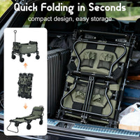 Garvee Army Green 2 in 1 Foldable Festival Trolley Camping Wagon 295 kg  Capacity Converts to Bench Seat and Lounge Chair with Adjustable Handle All Terrain Wheels and Carbon Steel Frame