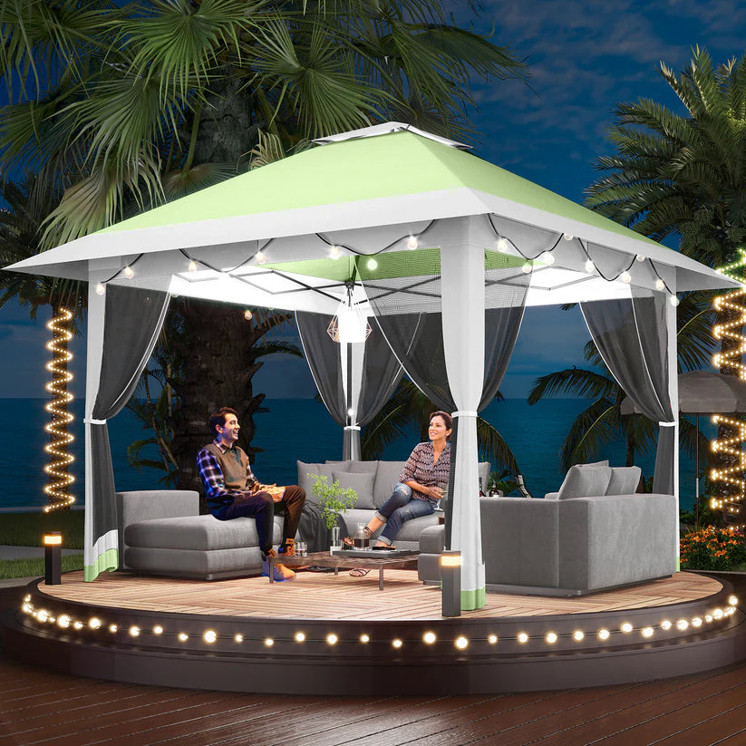 Garvee 396 x 396cm Canopy Tent Pop Up Gazebo With Mosquito Netting For Backyard Parties BBQs Olive Green
