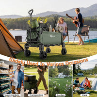 Garvee Army Green 2 in 1 Foldable Festival Trolley Camping Wagon 295 kg  Capacity Converts to Bench Seat and Lounge Chair with Adjustable Handle All Terrain Wheels and Carbon Steel Frame