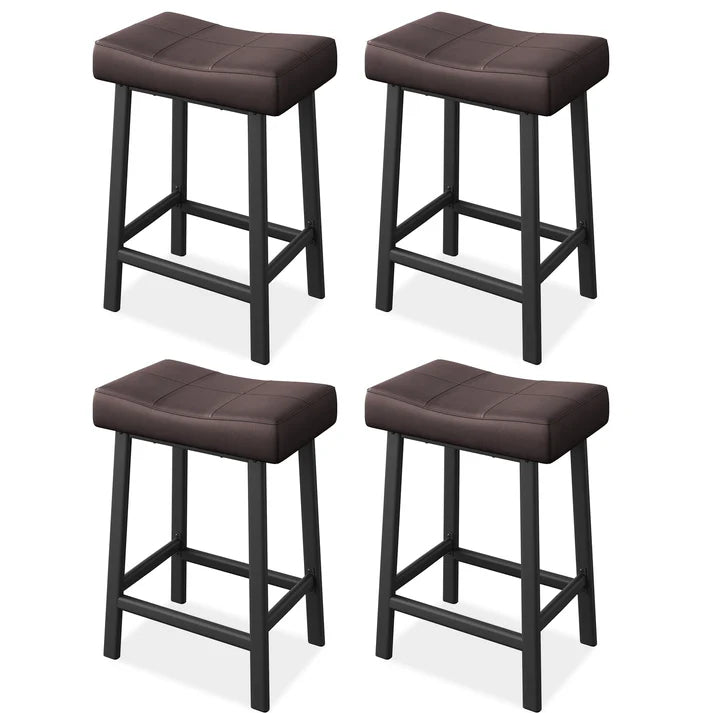 Garvee Set of 4 Brown Saddle Bar Stools – 61cm Counter Height Breakfast Bar Stools – Padded Backless Faux Leather Seats for Kitchen Island