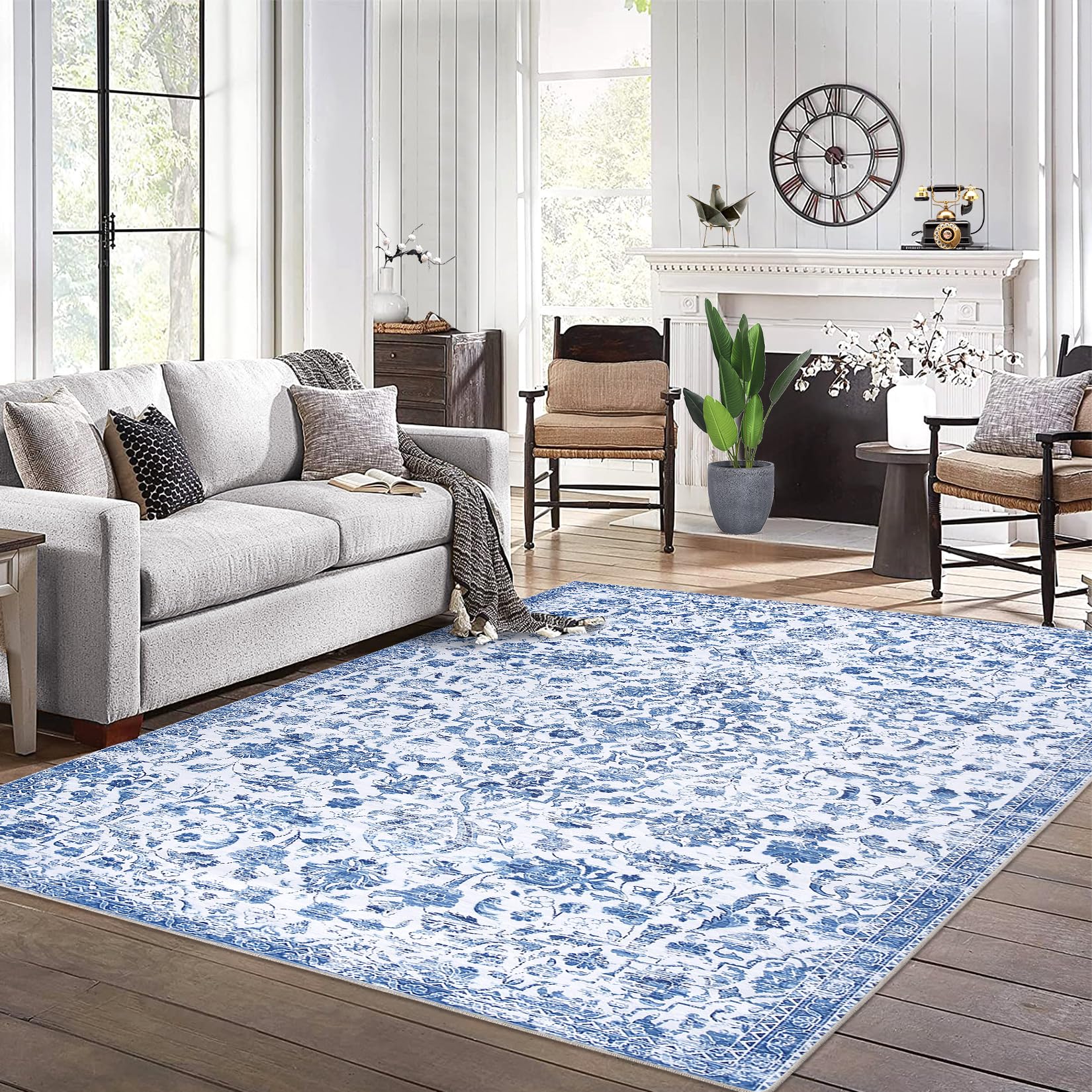GARVEE 200x290cm Washable Area Rug Non-Slip Vintage Oriental Carpet Soft Modern Boho Stain Resistant Mat for Living Room Bedroom,Blue
