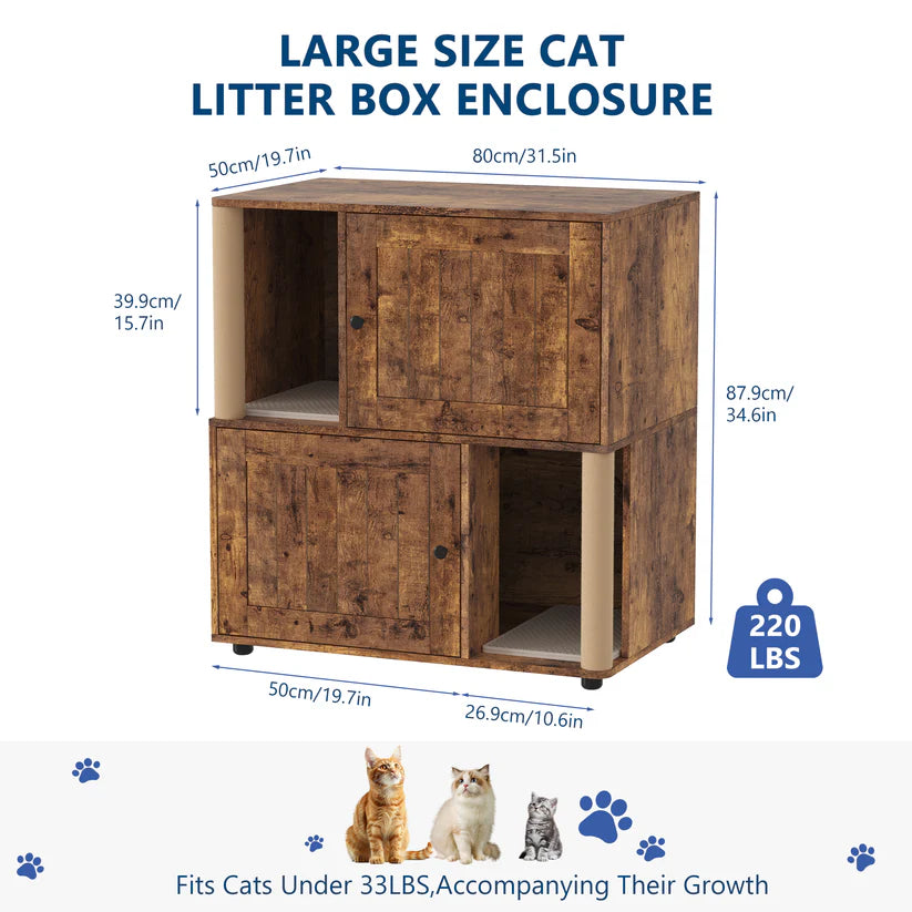 Garvee Double Layer Cat Litter Box Furniture With Scratching Post And Litter Mats, Wooden Corner Cabinet Cat Washroom Bed, Multi-Functional, Easy To Clean, Easy Assembly