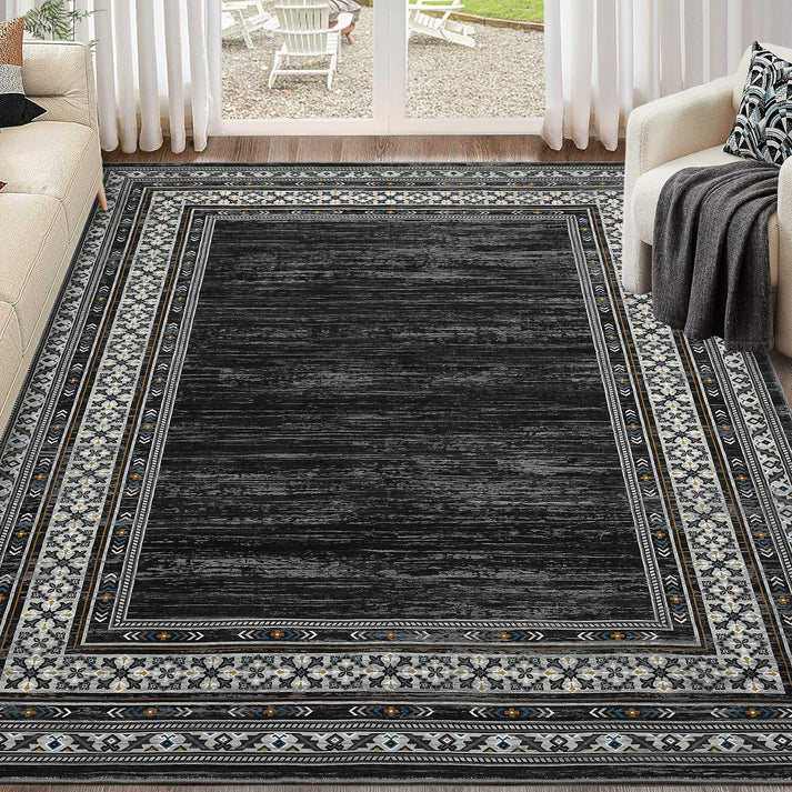 Garvee 120 × 170 cm Dark Grey Washable Bordered Area Rug, Non Slip Low Pile Non Shedding Rug, Modern Distressed Geometric Rug for Living Room Dining Room Bedroom