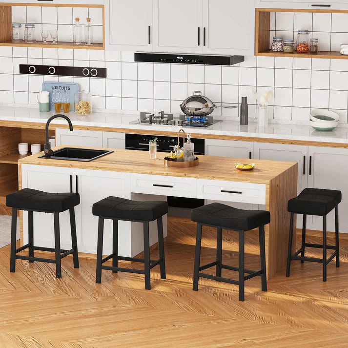 Garvee Set of 4 Black Bar Stools – 61cm Counter Height Breakfast Bar Stools – Upholstered Padded Saddle Seat for Kitchen Island – Easy Assembly