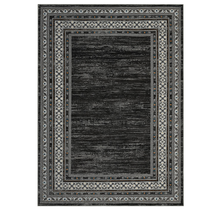 Garvee 120 × 170 cm Dark Grey Washable Bordered Area Rug, Non Slip Low Pile Non Shedding Rug, Modern Distressed Geometric Rug for Living Room Dining Room Bedroom