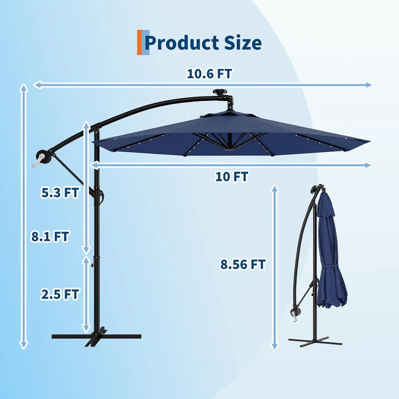 Garvee 300 cm Cantilever Garden Parasol with Base 40 Solar LED Lights UPF 50 Plus UV Protection Waterproof Canopy 8 Wind Resistant Ribs Crank Handle and Tilt Function for Patio Decking and Pool,Navy Blue