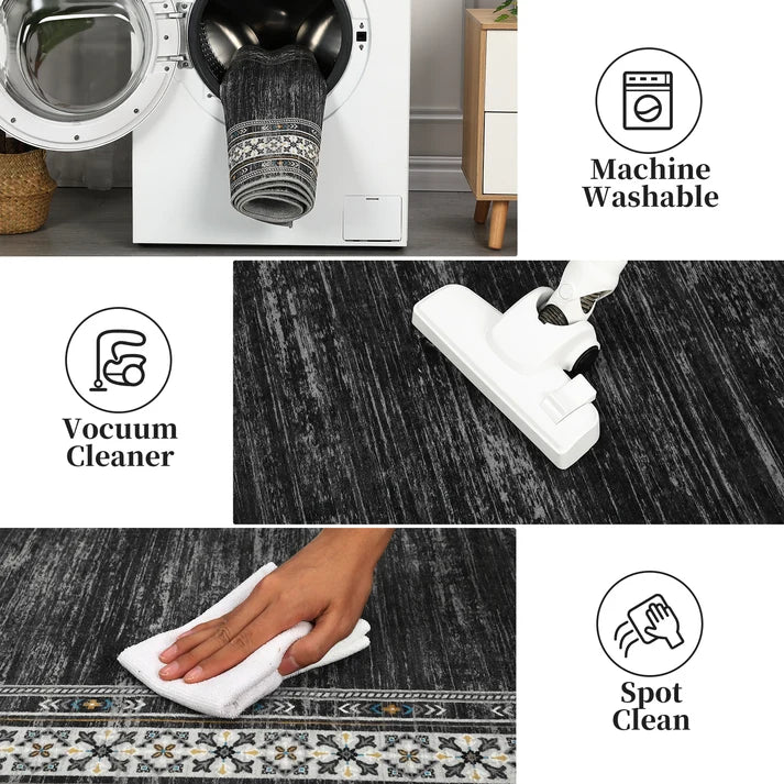 Garvee 120 × 170 cm Dark Grey Washable Bordered Area Rug, Non Slip Low Pile Non Shedding Rug, Modern Distressed Geometric Rug for Living Room Dining Room Bedroom