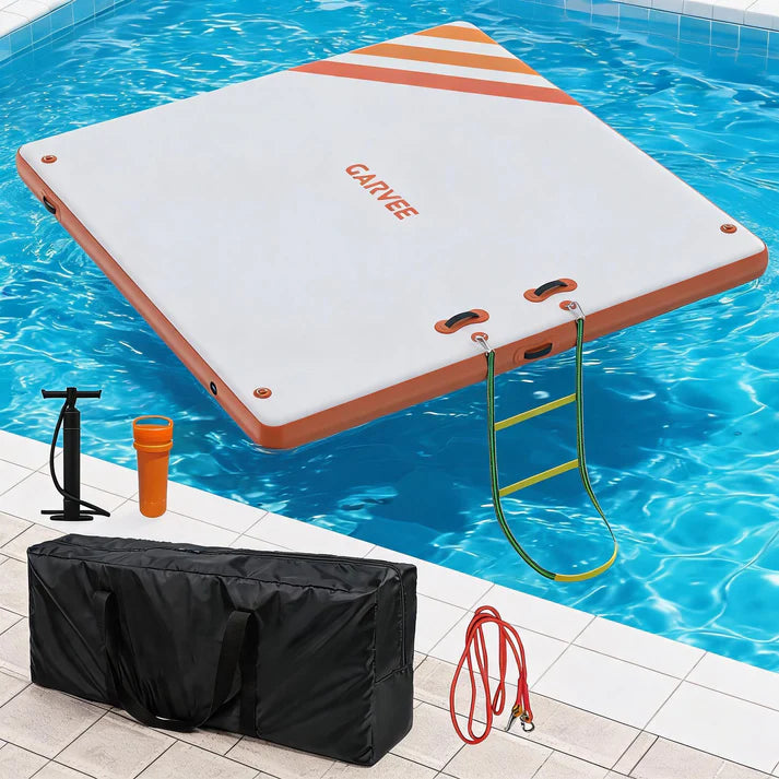 Garvee Orange 300 x 180 cm Inflatable Floating Dock Pontoon Swim Platform with Non Slip EVA Pad Electric Air Pump and Rope Ladder for Lake Pool and Beach