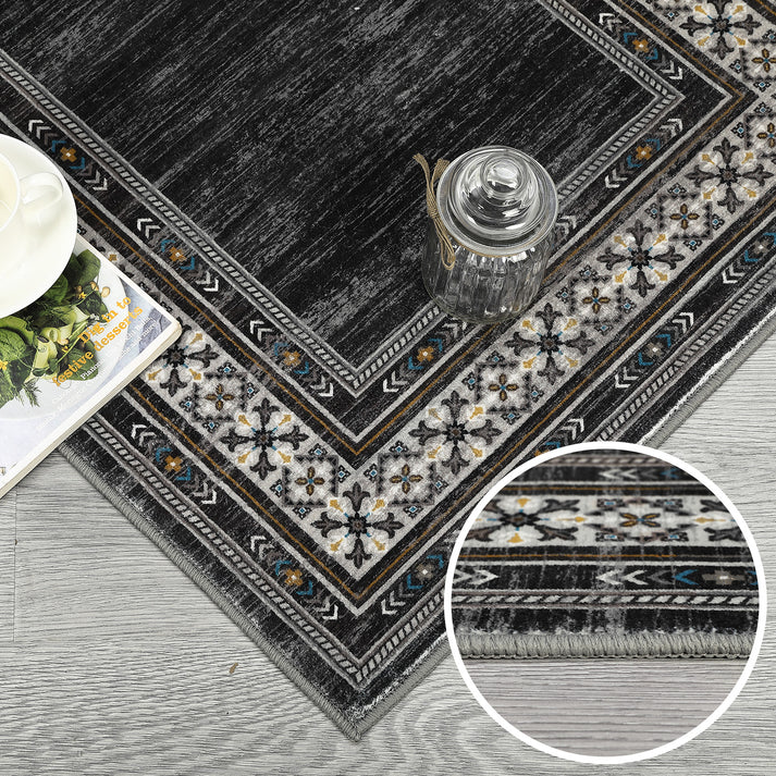Garvee 120 × 170 cm Dark Grey Washable Bordered Area Rug, Non Slip Low Pile Non Shedding Rug, Modern Distressed Geometric Rug for Living Room Dining Room Bedroom