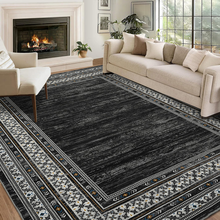 Garvee 120 × 170 cm Dark Grey Washable Bordered Area Rug, Non Slip Low Pile Non Shedding Rug, Modern Distressed Geometric Rug for Living Room Dining Room Bedroom