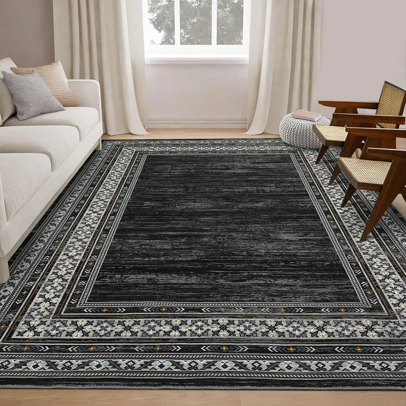 Garvee 120 × 170 cm Dark Grey Washable Bordered Area Rug, Non Slip Low Pile Non Shedding Rug, Modern Distressed Geometric Rug for Living Room Dining Room Bedroom