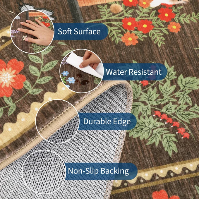 GARVEE Washable Area Rug 160x230cm Non-Slip Cat Floral Pattern Soft Pearl Velvet Carpet Low Pile Stain-Resistant Mat Living Room Bedroom