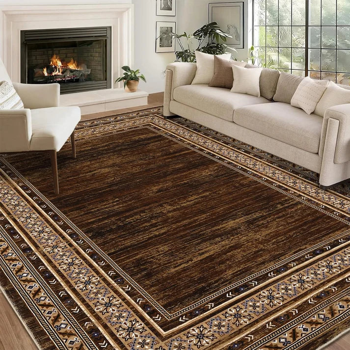 Garvee 120 × 170 cm Red-Brown Washable Bordered Area Rug, Non Slip Low Pile Non Shedding Rug, Modern Distressed Geometric Rug for Living Room Dining Room Bedroom