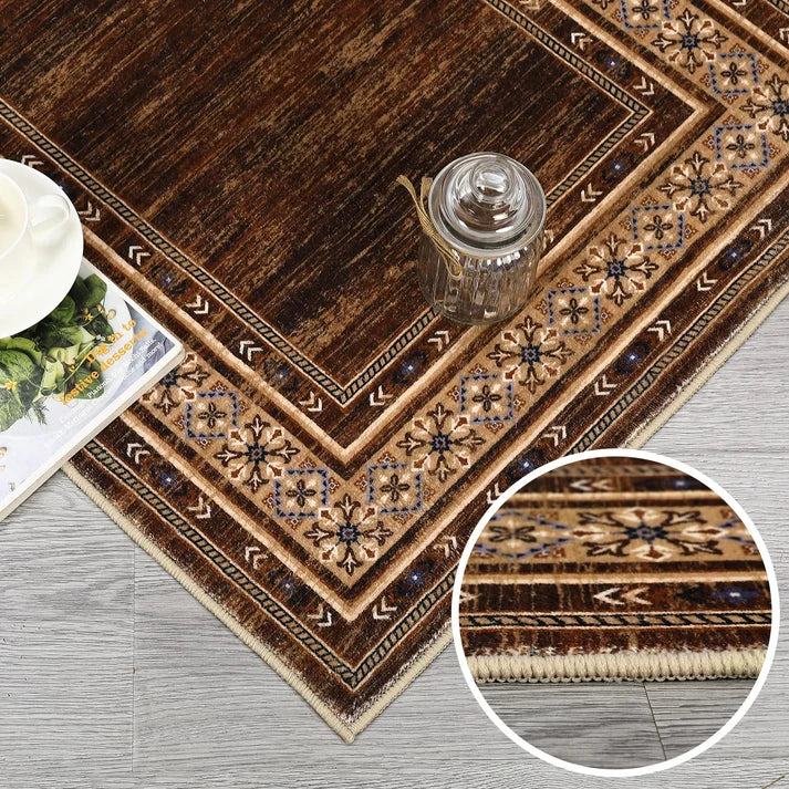 Garvee 120 × 170 cm Red-Brown Washable Bordered Area Rug, Non Slip Low Pile Non Shedding Rug, Modern Distressed Geometric Rug for Living Room Dining Room Bedroom