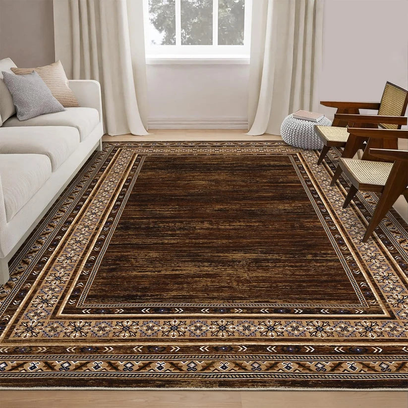 Garvee 120 × 170 cm Red-Brown Washable Bordered Area Rug, Non Slip Low Pile Non Shedding Rug, Modern Distressed Geometric Rug for Living Room Dining Room Bedroom