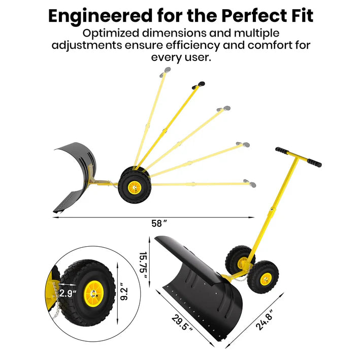 Garvee 29 Inch Bi-Directional Snow Pusher with Wheels Angled Blade Rolling Snow Plough with Adjustable Handle for Driveway and Garden Path