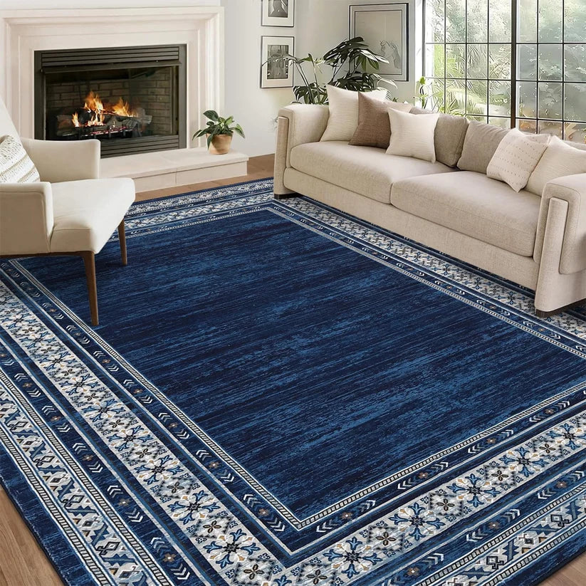 Garvee 240 × 340 cm Navy Blue Washable Bordered Area Rug, Non Slip Low Pile Non Shedding Rug, Modern Distressed Geometric Rug for Living Room Dining Room Bedroom