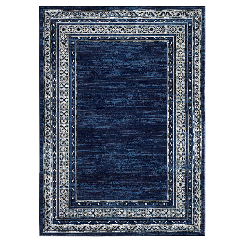 Garvee 240 × 340 cm Navy Blue Washable Bordered Area Rug, Non Slip Low Pile Non Shedding Rug, Modern Distressed Geometric Rug for Living Room Dining Room Bedroom