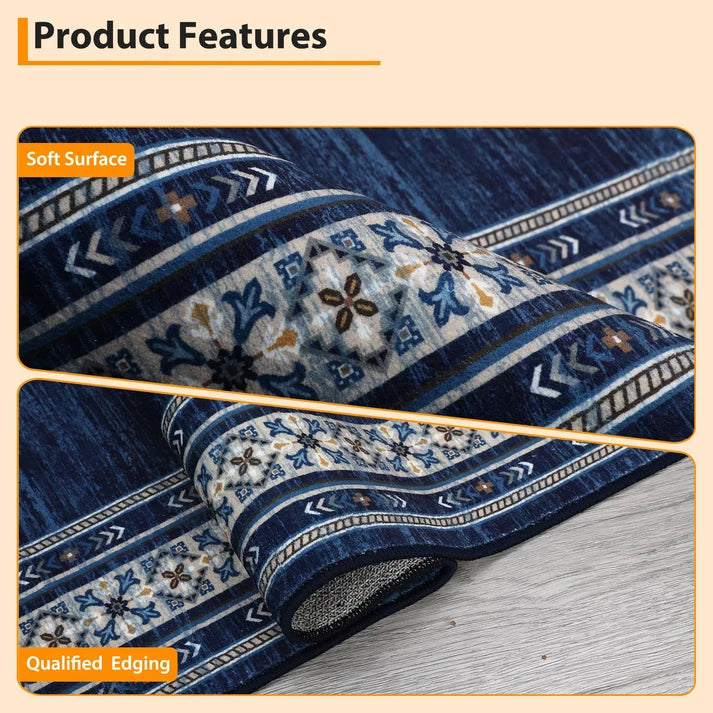 Garvee 240 × 340 cm Navy Blue Washable Bordered Area Rug, Non Slip Low Pile Non Shedding Rug, Modern Distressed Geometric Rug for Living Room Dining Room Bedroom