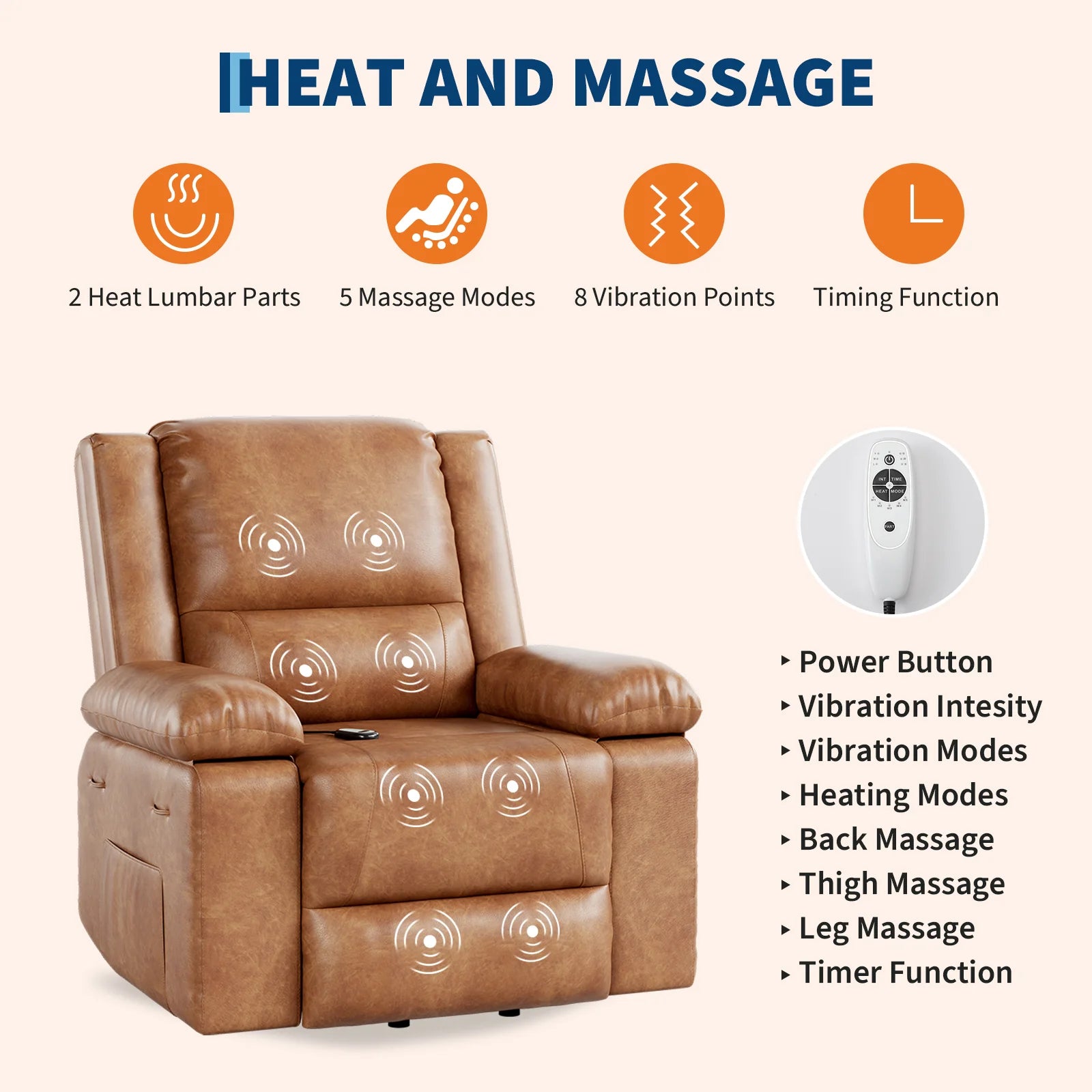 Garvee Electric Power Lift Riser Recliner Chair for Elderly Massage & Heat Vibration Sofa with USB Port and Cup Holders Brown PU Leather
