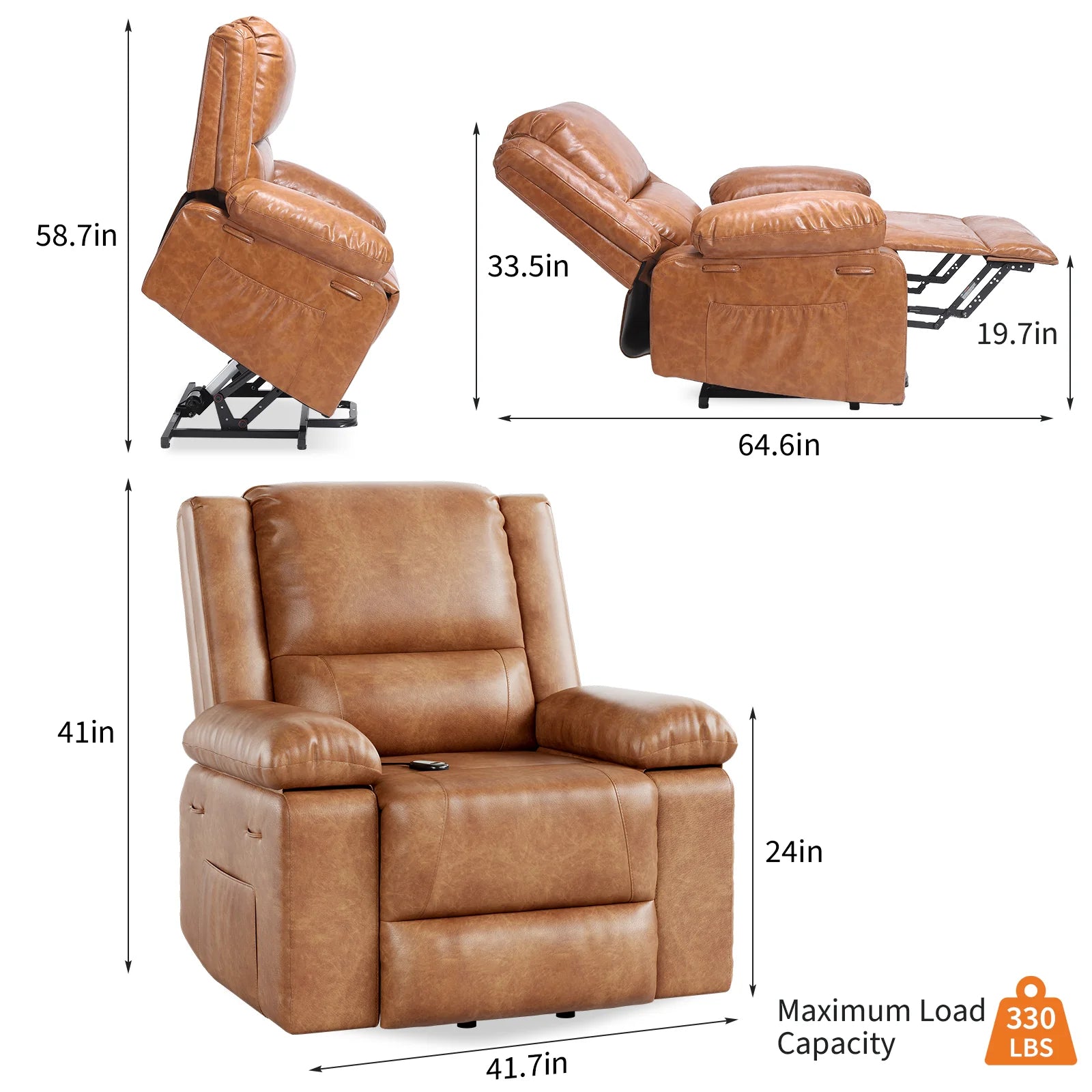 Garvee Electric Power Lift Riser Recliner Chair for Elderly Massage & Heat Vibration Sofa with USB Port and Cup Holders Brown PU Leather