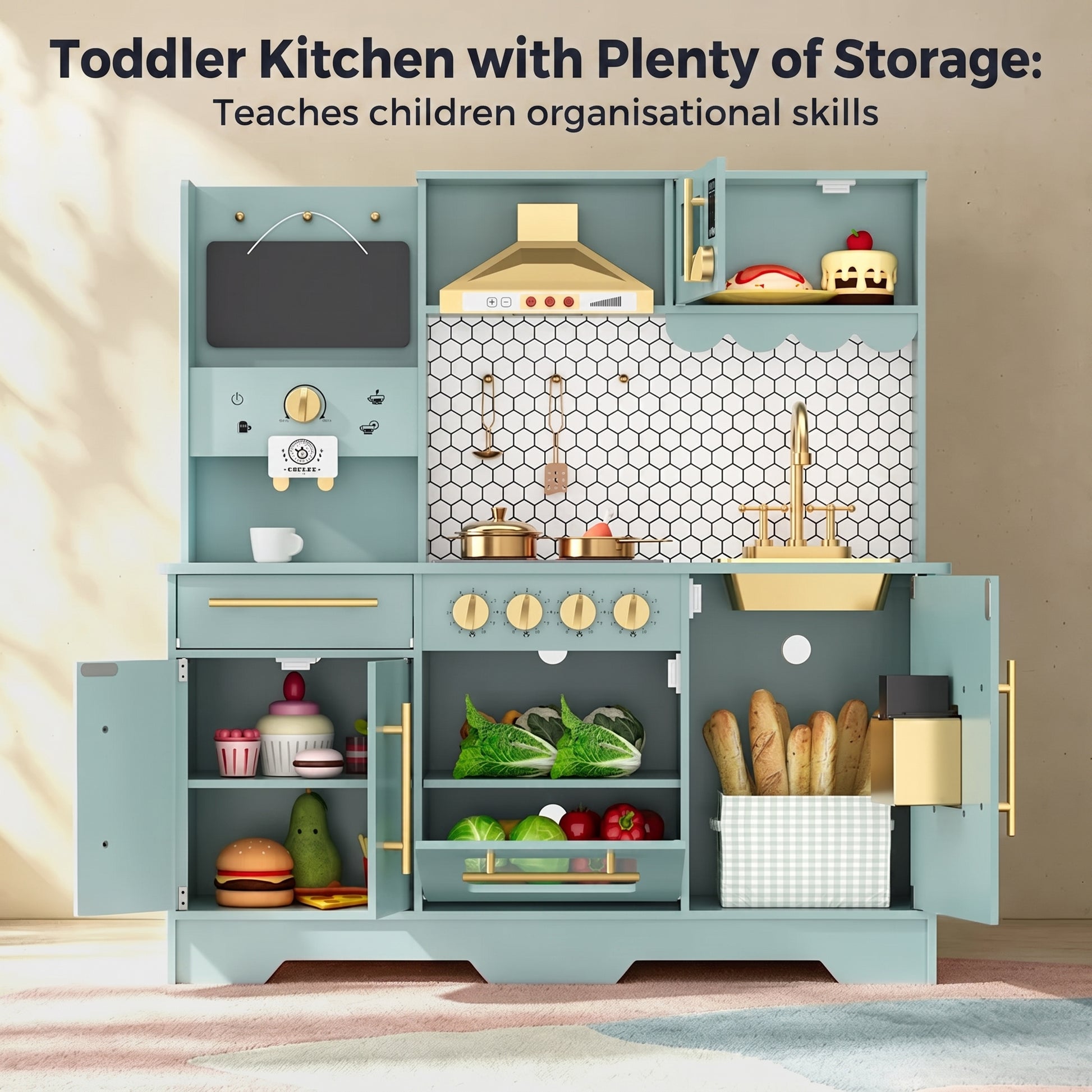GARVEE Kids Wooden Play Kitchen Set Non-Toxic Smooth Edges Pretend Toy Kitchen Accessories Microwave Ice Maker Birthday Christmas Gift Green