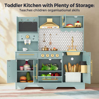 GARVEE Kids Wooden Play Kitchen Set Non-Toxic Smooth Edges Pretend Toy Kitchen Accessories Microwave Ice Maker Birthday Christmas Gift Green