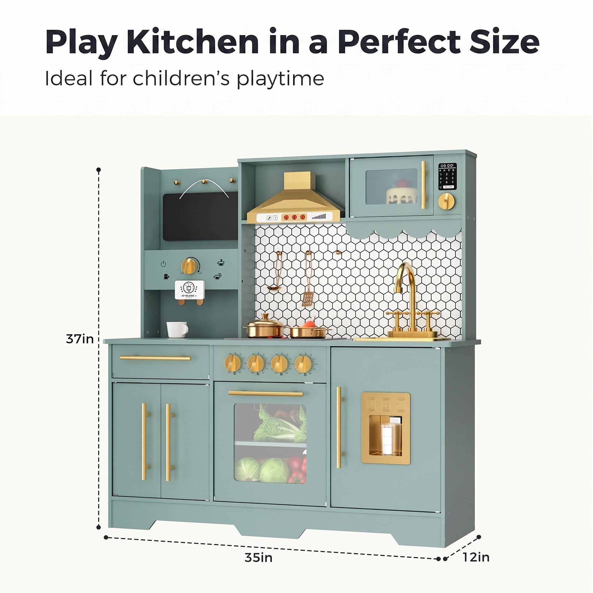 GARVEE Kids Wooden Play Kitchen Set Non-Toxic Smooth Edges Pretend Toy Kitchen Accessories Microwave Ice Maker Birthday Christmas Gift Green