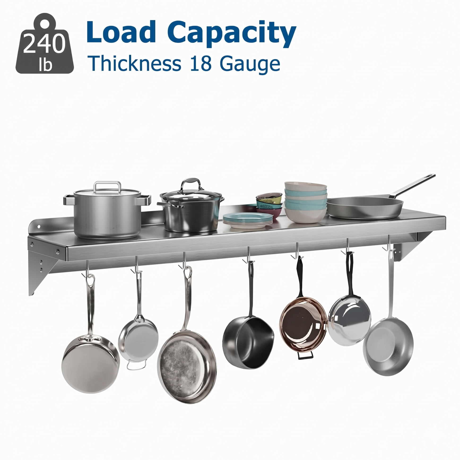 Garvee 152x30cm Wall Mounted Kitchen Shelf with Upstand – Heavy Duty Stainless Steel Storage Rack with 7 Hooks – For Home & Commercial Catering