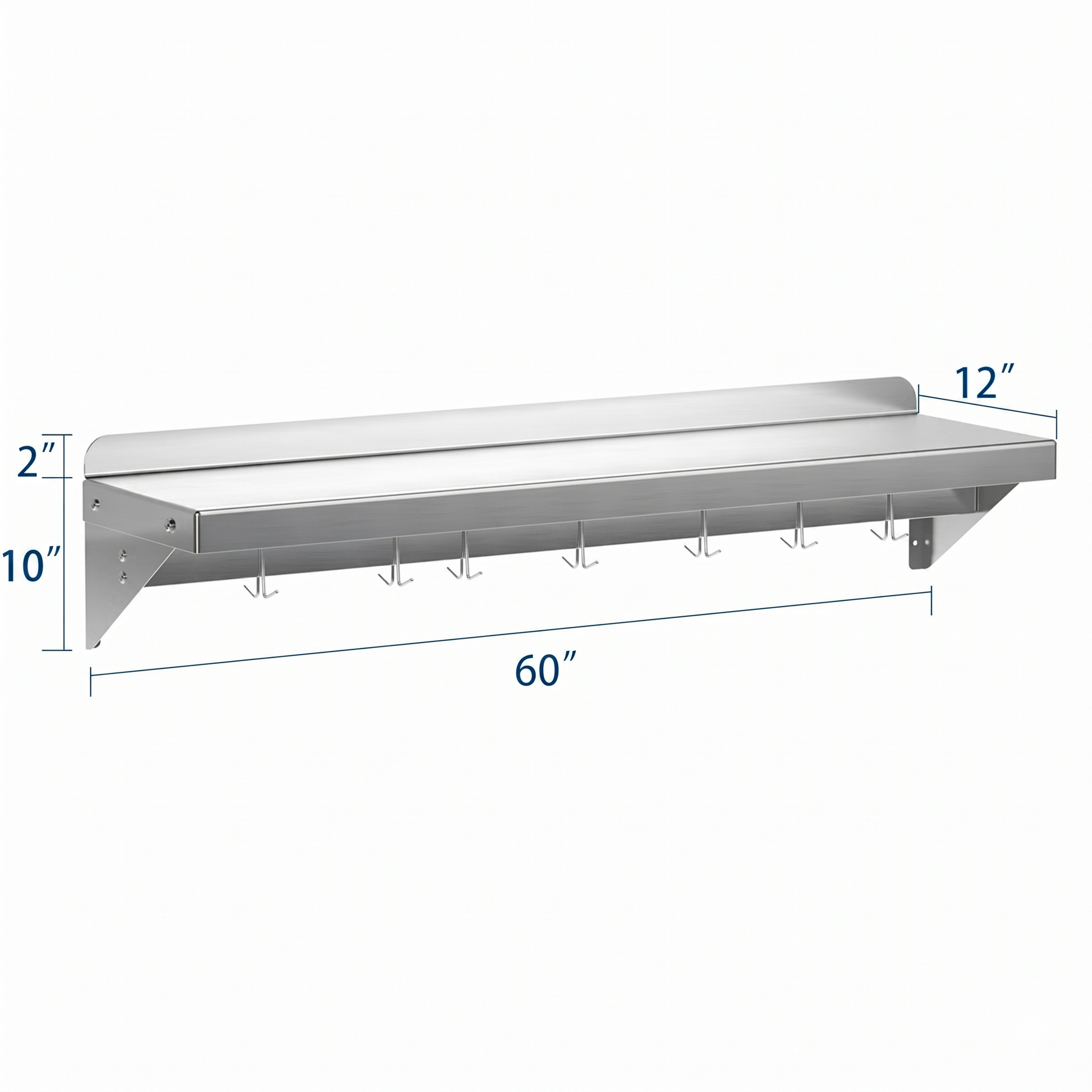 Garvee 152x30cm Wall Mounted Kitchen Shelf with Upstand – Heavy Duty Stainless Steel Storage Rack with 7 Hooks – For Home & Commercial Catering