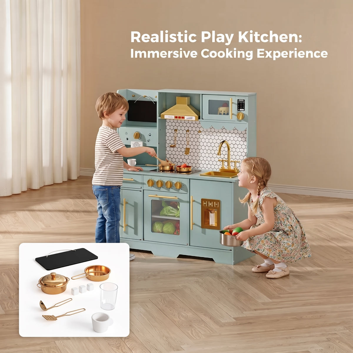GARVEE Kids Wooden Play Kitchen Set Non-Toxic Smooth Edges Pretend Toy Kitchen Accessories Microwave Ice Maker Birthday Christmas Gift Green