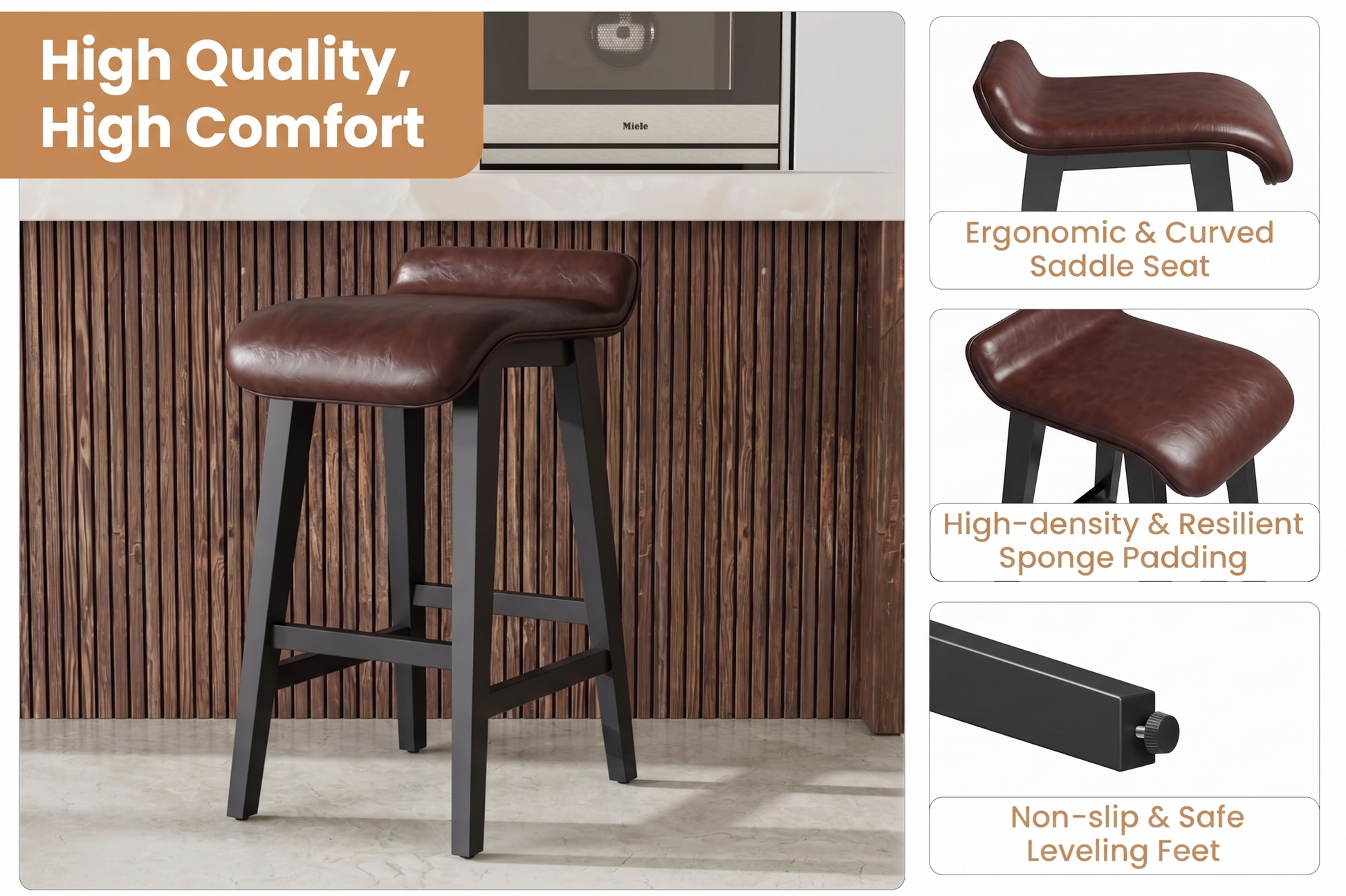 Garvee 66cm(26.2") Counter Height Bar Stools Set of 4 with Upholstered Low Back and Footrest, Wood Legs, Modern Kitchen and Dining Room, Dark Brown