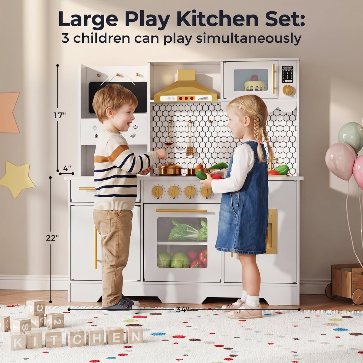GARVEE Kids Wooden Play Kitchen Set Non-Toxic Smooth Edges Pretend Toy Kitchen Accessories Microwave Ice Maker Birthday Christmas Gift White