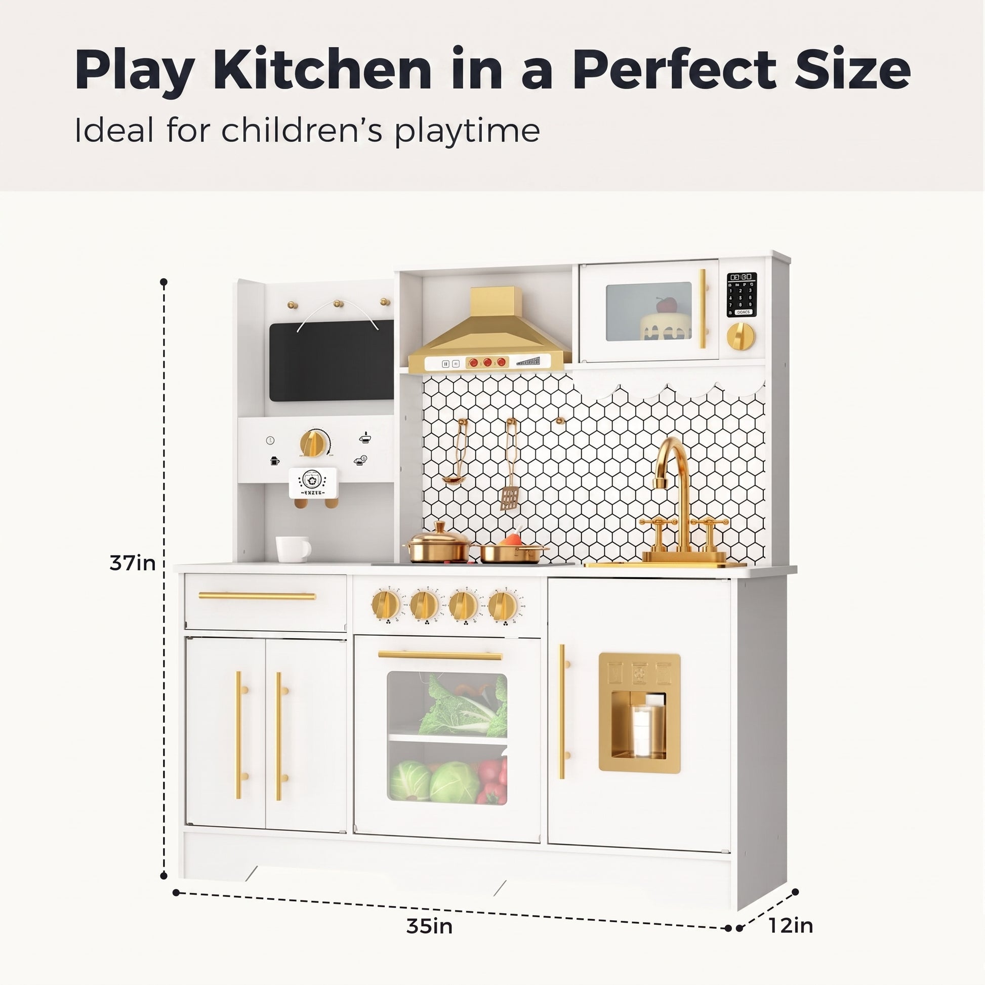 GARVEE Kids Wooden Play Kitchen Set Non-Toxic Smooth Edges Pretend Toy Kitchen Accessories Microwave Ice Maker Birthday Christmas Gift White