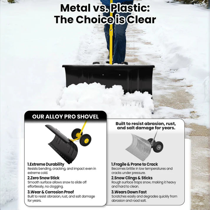 Garvee 29 Inch Bi-Directional Snow Pusher with Wheels Angled Blade Rolling Snow Plough with Adjustable Handle for Driveway and Garden Path