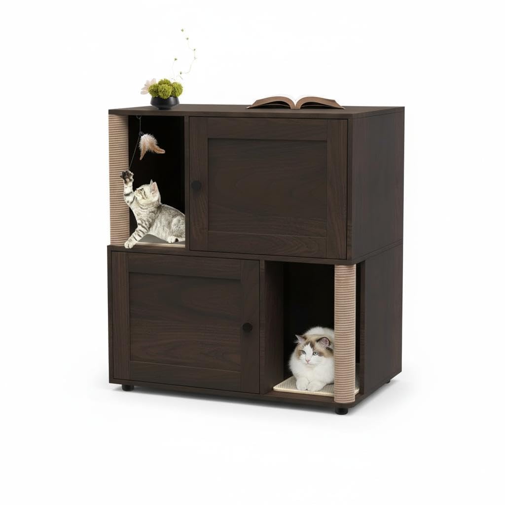 Garvee Double Cat Litter Tray Enclosure for 2 Cats – Hidden Washroom Furniture – Modern Rustic Wooden Side Table – Natural Wood