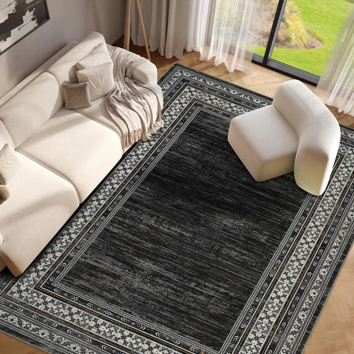 Garvee 200 × 290 cm Dark Grey Washable Bordered Area Rug, Non Slip Low Pile Non Shedding Rug, Modern Distressed Geometric Rug for Living Room Dining Room Bedroom
