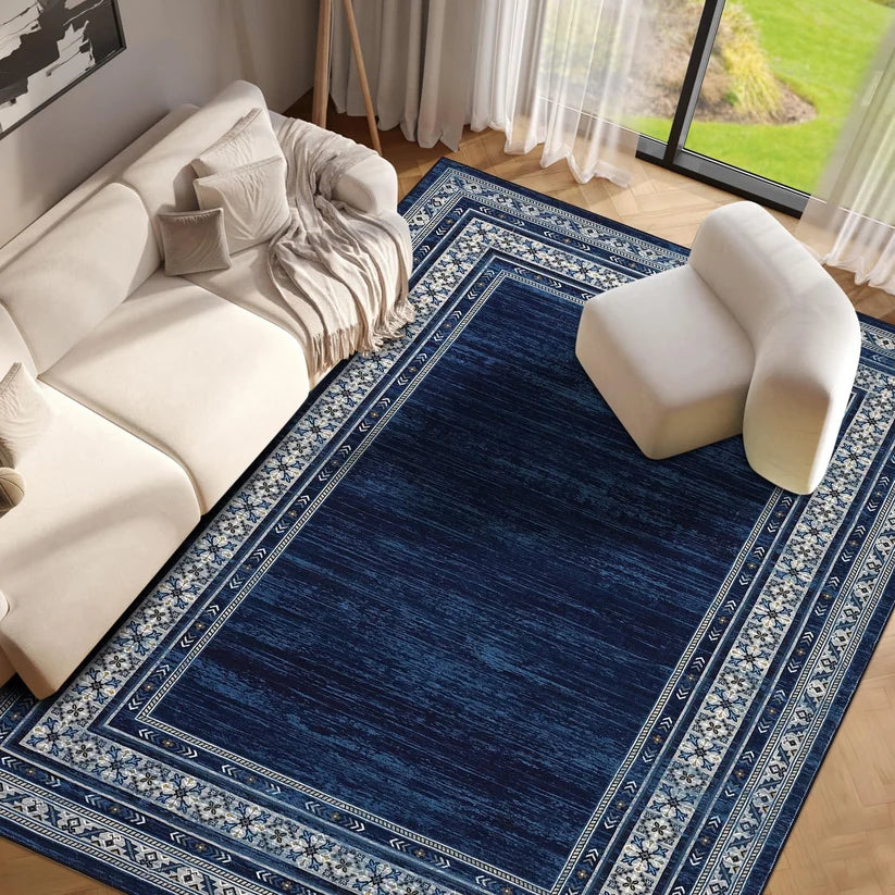 Garvee 120 × 170 cm Navy Blue Washable Bordered Area Rug, Non Slip Low Pile Non Shedding Rug, Modern Distressed Geometric Rug for Living Room Dining Room Bedroom