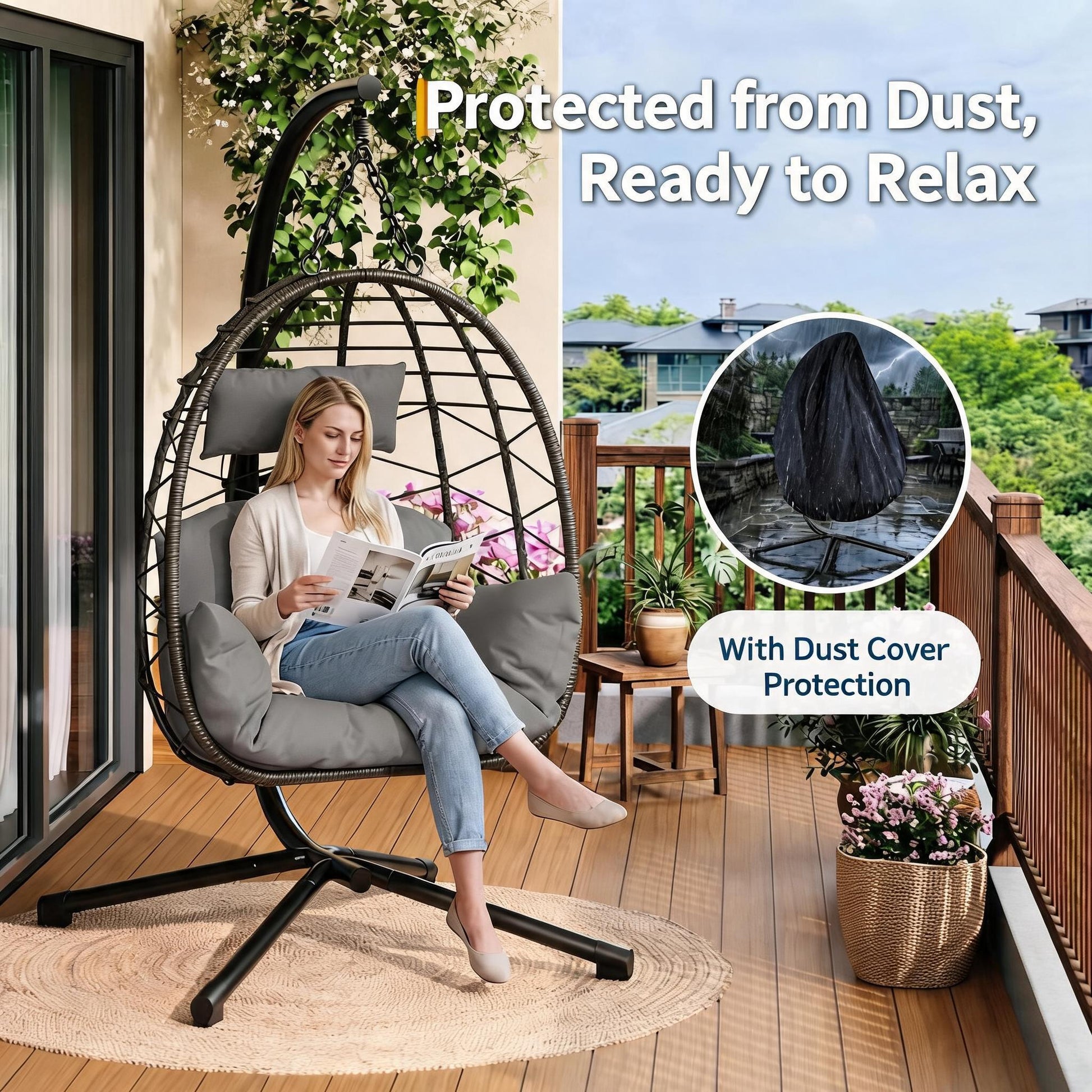Garvee Grey Rattan Hanging Egg Chair with Stand 130 kg Capacity Comfortable Cushions and Dust Cover for Garden and Balcony