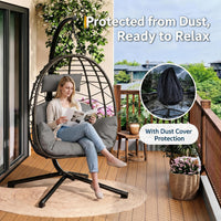 Garvee Grey Rattan Hanging Egg Chair with Stand 130 kg Capacity Comfortable Cushions and Dust Cover for Garden and Balcony