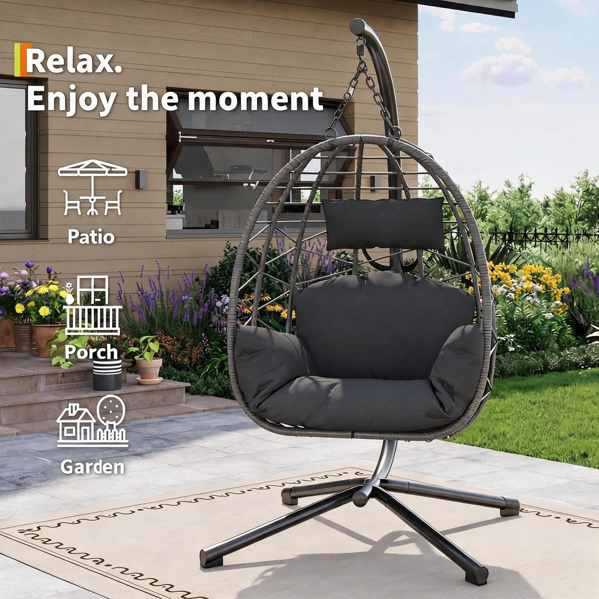 Garvee Grey Rattan Hanging Egg Chair with Stand 130 kg Capacity Comfortable Cushions and Dust Cover for Garden and Balcony