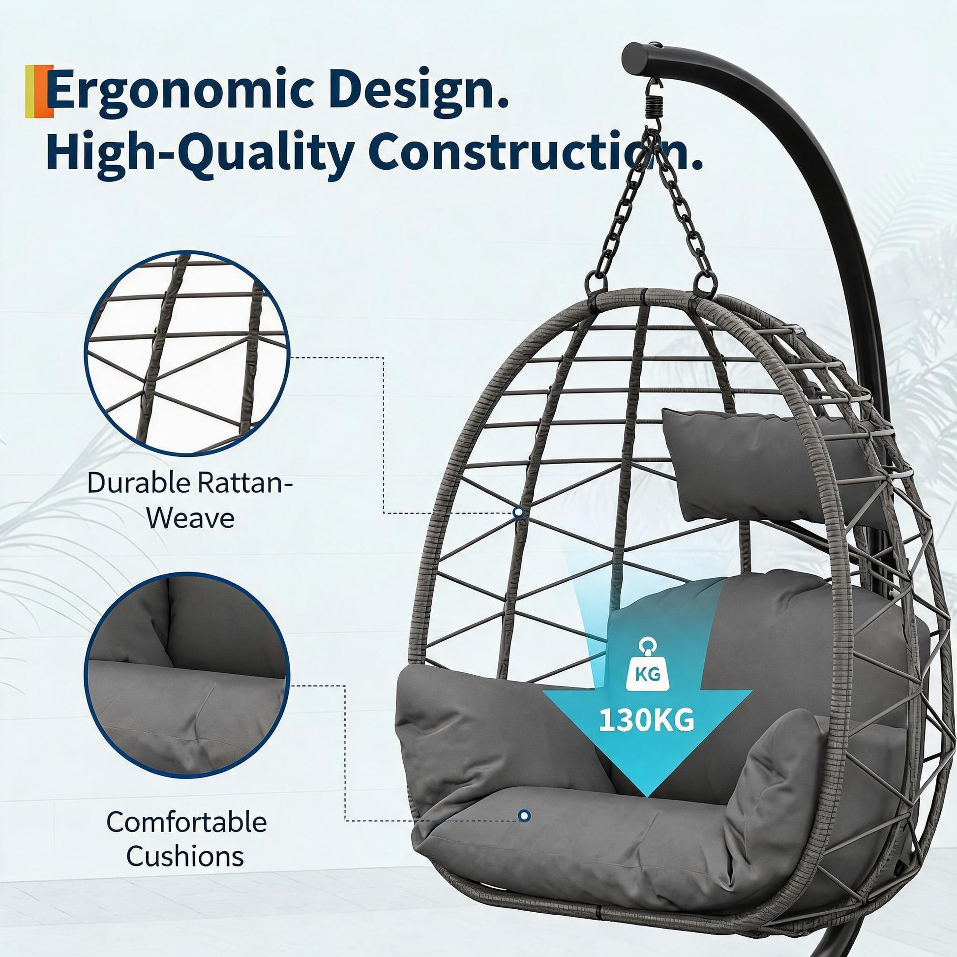 Garvee Grey Rattan Hanging Egg Chair with Stand 130 kg Capacity Comfortable Cushions and Dust Cover for Garden and Balcony