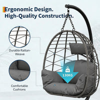Garvee Grey Rattan Hanging Egg Chair with Stand 130 kg Capacity Comfortable Cushions and Dust Cover for Garden and Balcony