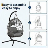 Garvee Grey Rattan Hanging Egg Chair with Stand 130 kg Capacity Comfortable Cushions and Dust Cover for Garden and Balcony