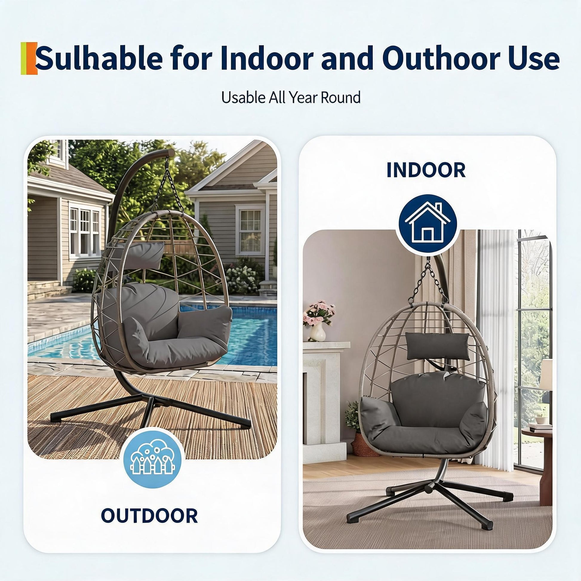 Garvee Grey Rattan Hanging Egg Chair with Stand 130 kg Capacity Comfortable Cushions and Dust Cover for Garden and Balcony