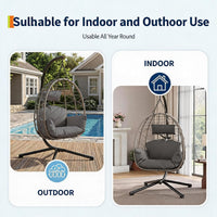 Garvee Grey Rattan Hanging Egg Chair with Stand 130 kg Capacity Comfortable Cushions and Dust Cover for Garden and Balcony