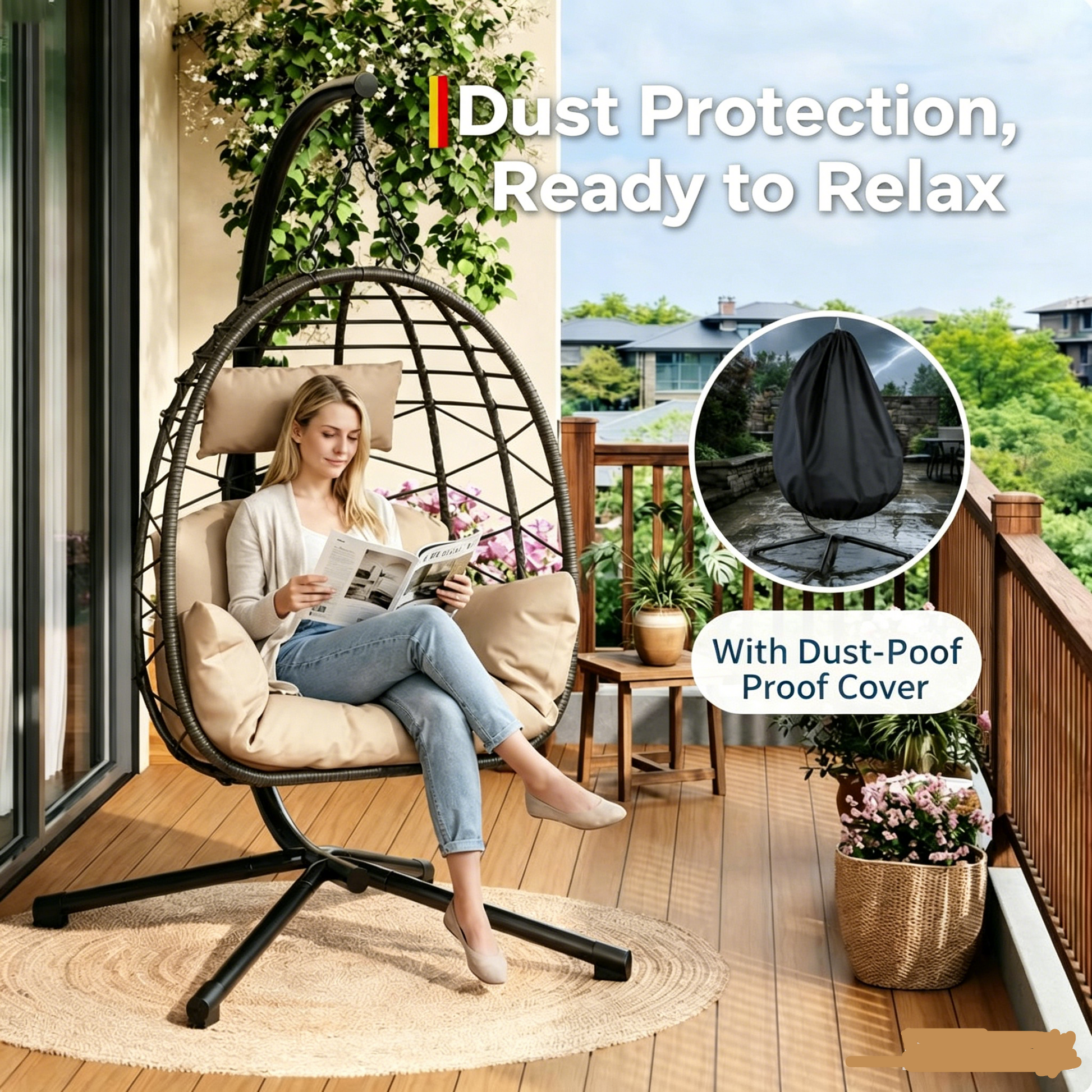 Garvee Beige Rattan Hanging Egg Chair with Stand 130 kg Capacity Comfortable Cushions and Dust Cover for Garden and Balcony