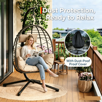 Garvee Beige Rattan Hanging Egg Chair with Stand 130 kg Capacity Comfortable Cushions and Dust Cover for Garden and Balcony