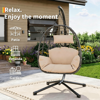 Garvee Beige Rattan Hanging Egg Chair with Stand 130 kg Capacity Comfortable Cushions and Dust Cover for Garden and Balcony