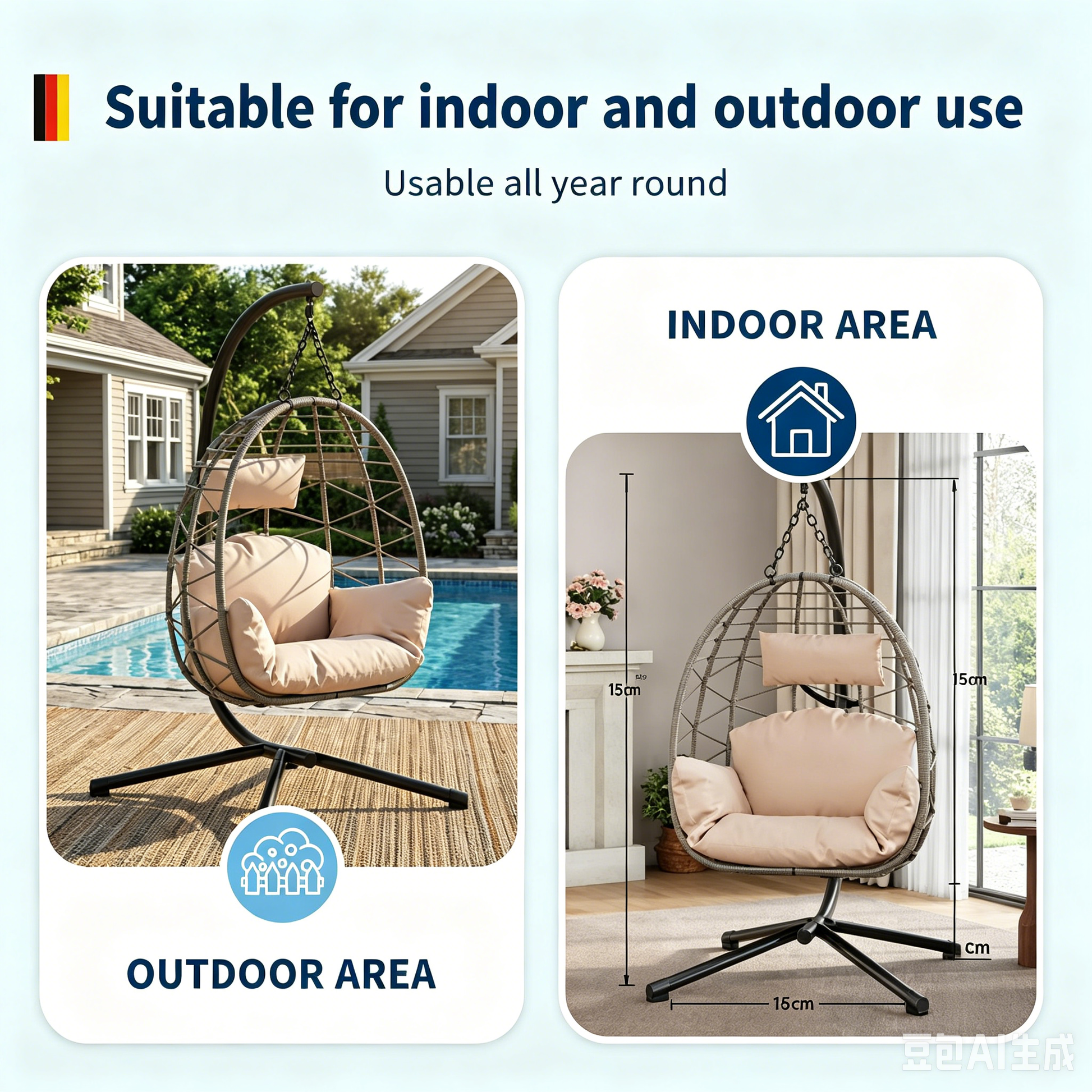 Garvee Beige Rattan Hanging Egg Chair with Stand 130 kg Capacity Comfortable Cushions and Dust Cover for Garden and Balcony